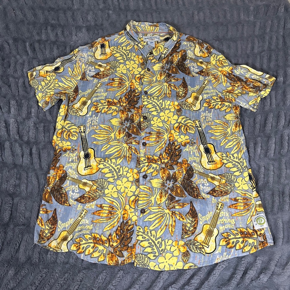 Margaritaville Mens XXL Hawaiian Shirt Blue Yellow Guitar Tropical Rayon Aloha